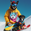 Dogs on a snowboard