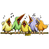 Five birds singing hard