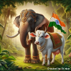 Sacred Indian cow with elephant