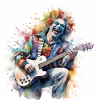 A clown plays guitar