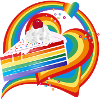 Fetta di torta arcobaleno con crema e ciliegie