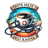 Humoristisk kaffekunst med førstehjelpsmotiv
