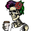 Frau Skelett mit Kaffe