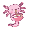 Carino axolotl che mangia ramen giapponesi noodles