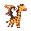 Penguin riding a giraffe