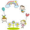 Cheerful children with rainbow flowers balloon