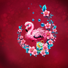Elegant flamingo with tropical flowers.
