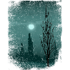 Moon shimmers on trees