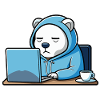 Cute hacker polar bear sleeps in a hoodie in front of the PC
