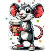Cartoon einer fröhlichen Maus mit Kaffee