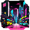 Neonlichter fahren in dystopischer Stadt