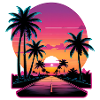 Sunset road with palm trees.