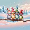 Cute fantasy birds with Christmas hats