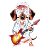 Gravhund i kostumer med guitar