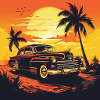 Sonnenuntergang Retroauto am Palmenstrand