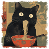 Anime Japanese Art Black Cat Ramen Ukiyo-e