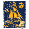 Blue and yellow sailing ship