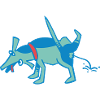 little blue dog pulls against a wall