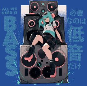 Motif Fille Anime et Tour de Haut-parleurs - All We Need is Bass à imprimer