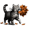 Kitten brings autumn leaves