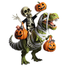 Skeleton riding dinosaur with pumpkins