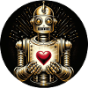 Golden robot holding red heart