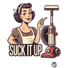 Retro Housewife. Vintage vacuum cleaner, suck it up
