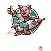 Daumen hoch, ein Schwein auf einer Rakete