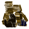 Bücherstapel mit Katze, lesen