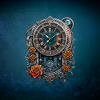 Steampunk-Uhr mit Rosen geschmückt.