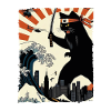 Ninja Cat Vintage med Katana Warrior Japan Kunst