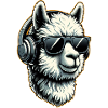 Alpaka Lama mit Kopfhörern und Sonnenbrille