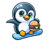 Cool pingouin snowboarder avec burger
