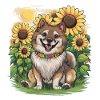 Cute Wolfspitz with sunflowers.