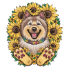 Cute Wolfspitz with sunflowers.