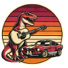 Guitariste rétro TRex avec voiture de sport