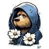 Sad dog with flowers