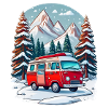 Red camper van on winter holiday