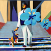 With a blue flower