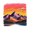 Painting mountainous landscape and sunset