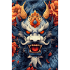 Blue Dragon Head with Fire Flowers