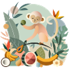 Playful monkey with tropical fruits