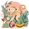 Playful monkey with tropical fruits