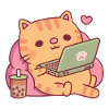 Søt Chill Tabby Cat Med Laptop Og Bubble Tea