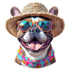 Bulldog with straw hat and sunglasses
