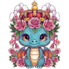 Dragon Kawaii avec Couronne, Roses et Orchidées