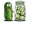 Zaskoczony ogórek patrząc na humor w słoiku z ogórkami