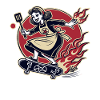 Cult housewife skateboarding on skateboard