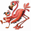 Flamingo-Mutter mit herumtollendem Kind