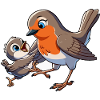 Robin mother and child frolicking
